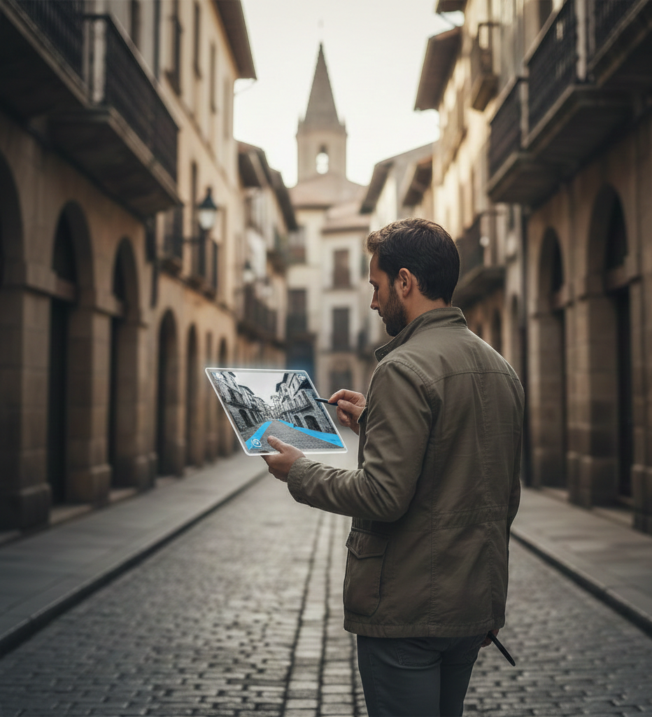 Viajero explorando calles históricas con guía digital
