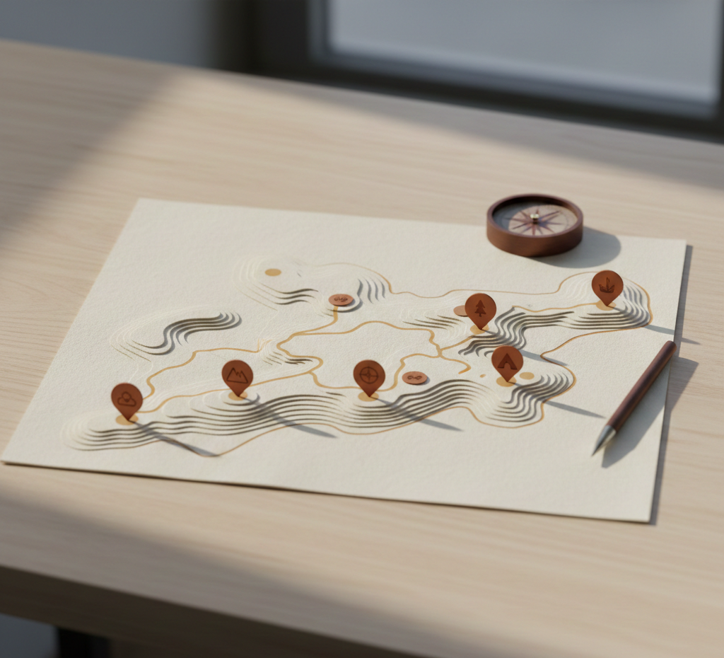 Mapa de destino con rutas marcadas y puntos de interés