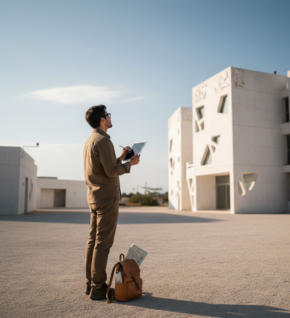 Investigador de viajes documentando arquitectura local